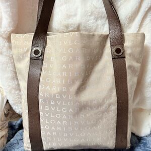 Bvlgari (Bulgari) Logo Mania tote bag, crafted from beige canvas